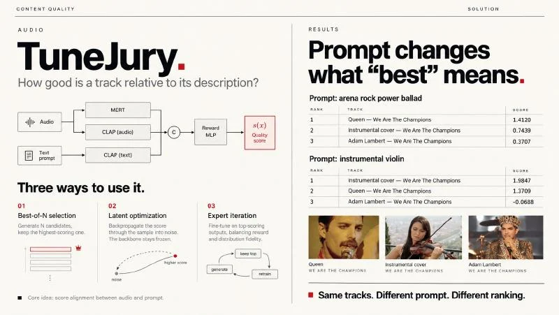 TuneJury example: the same tracks receive different rankings under different prompts.
